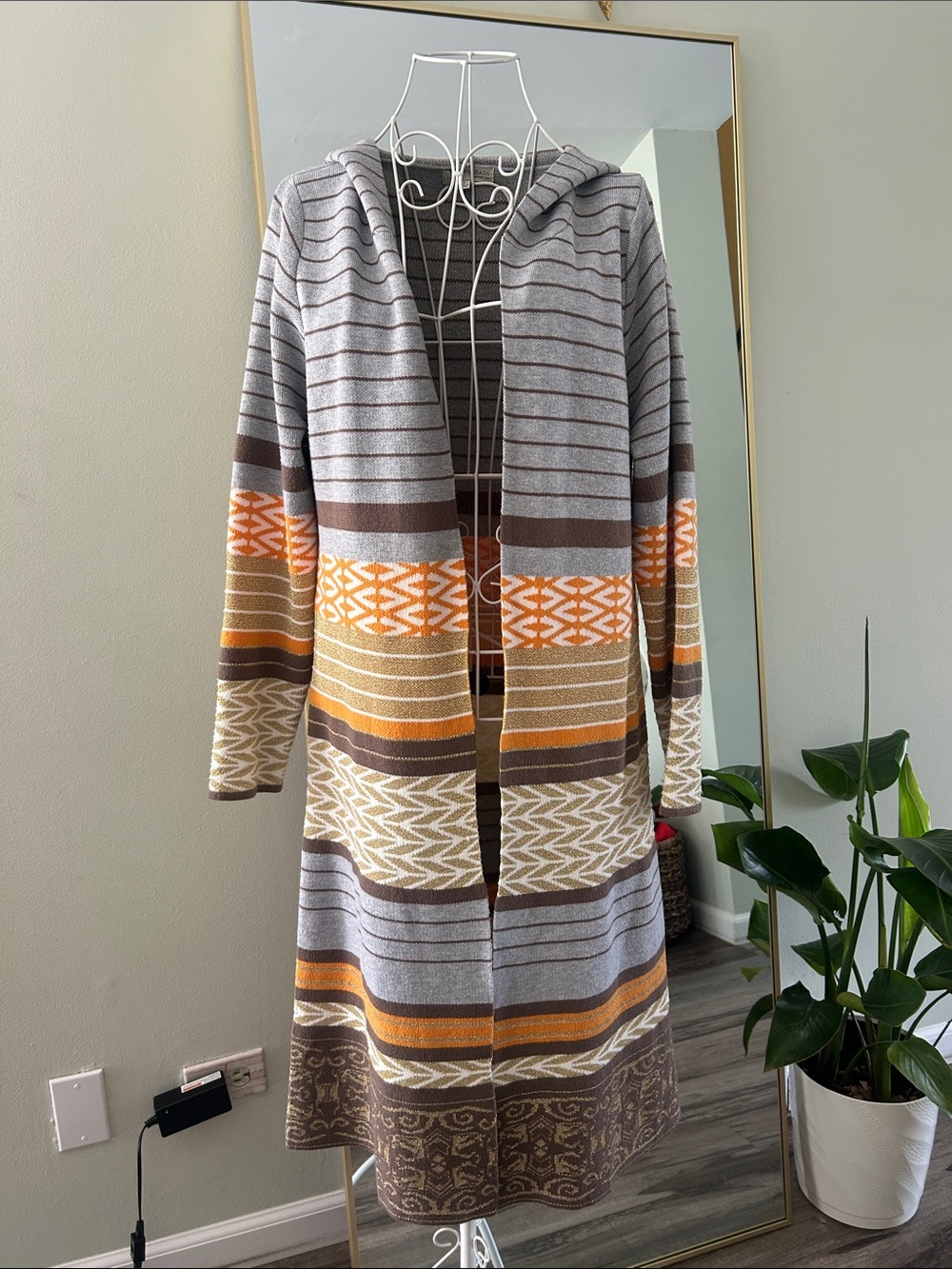 Long Hooded Striped Knit Cardigan Sweater - Gray, Brown & Orange